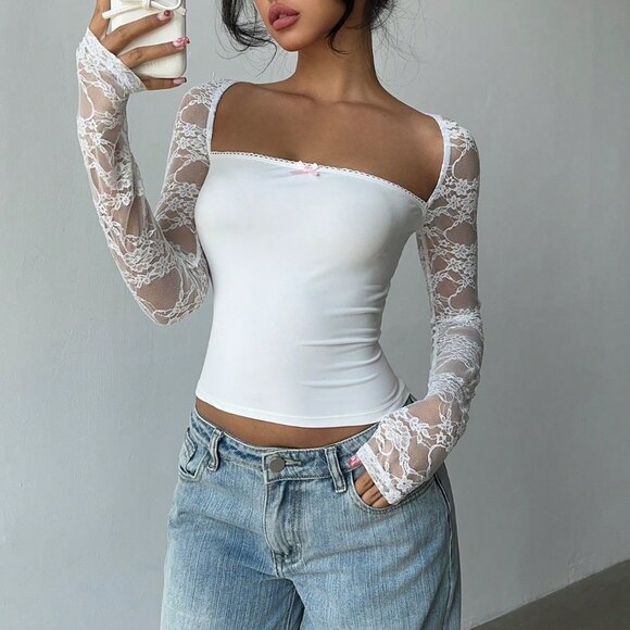 Tops - White Casual Women's Lace T-Shirt